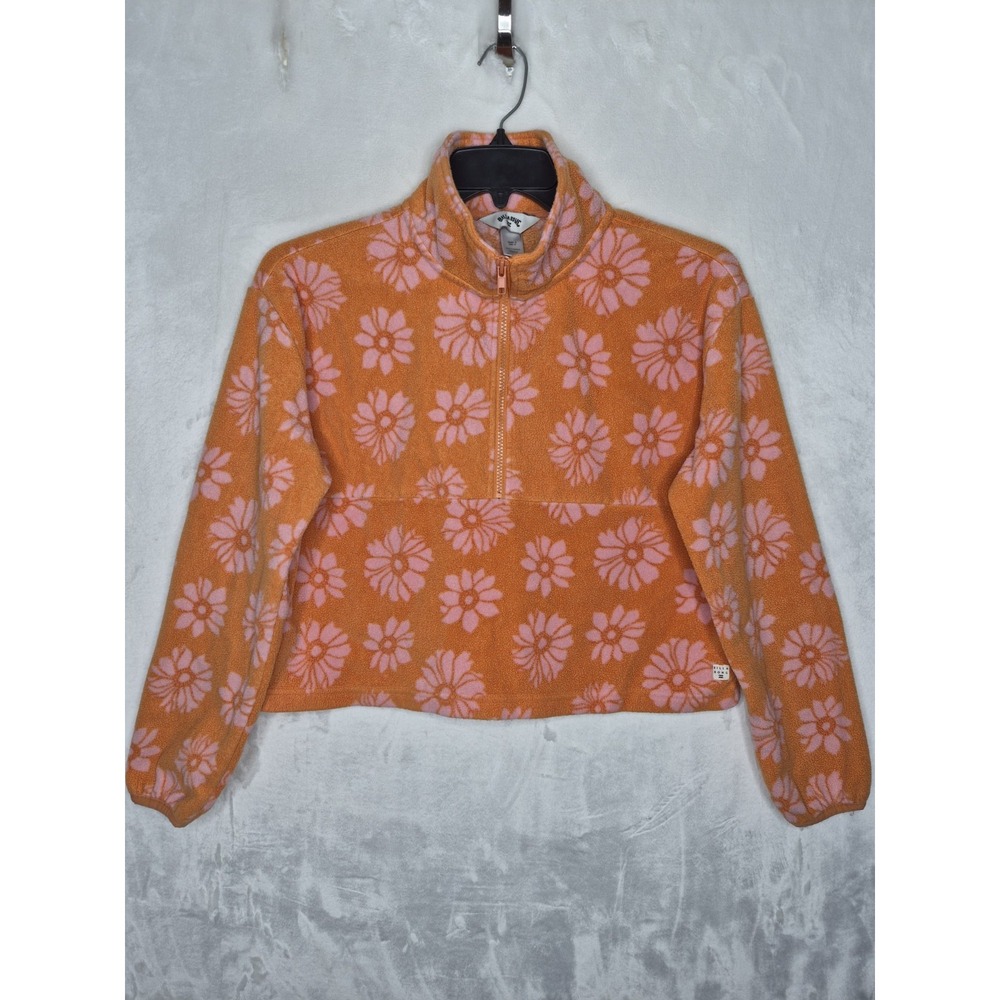 Billabong Floral Fleece Cropped Pullover Jacket Womens Small Orange 1/2 Zip